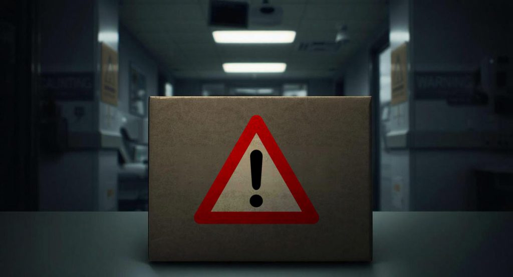 box with warning label sitting in hallway of medical facility