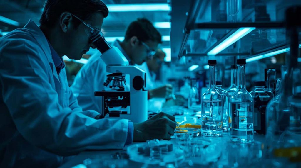 scientists working in a lab using a microscope