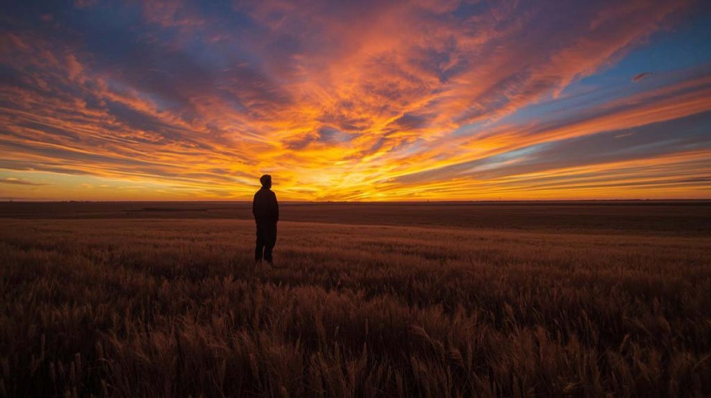 Silhouette of a man looking at sunrise in Kansas