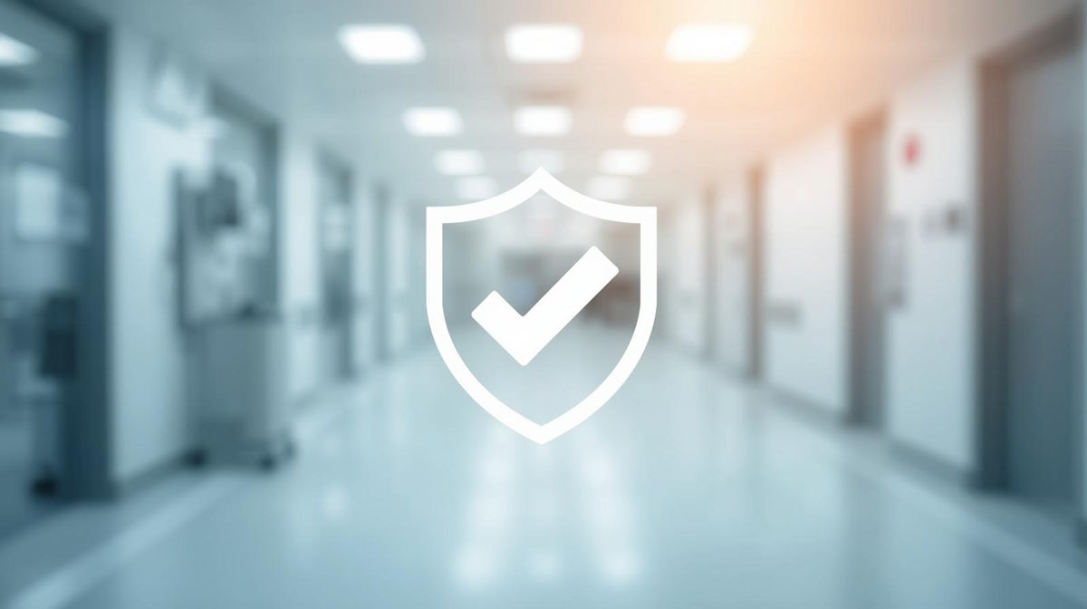 blurred image of a clean medical facility hallway with a shield and checkmark icon overlay