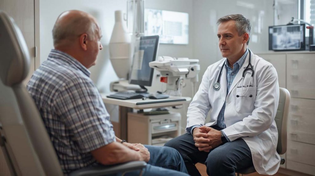 patient and doctor talking in an examination room