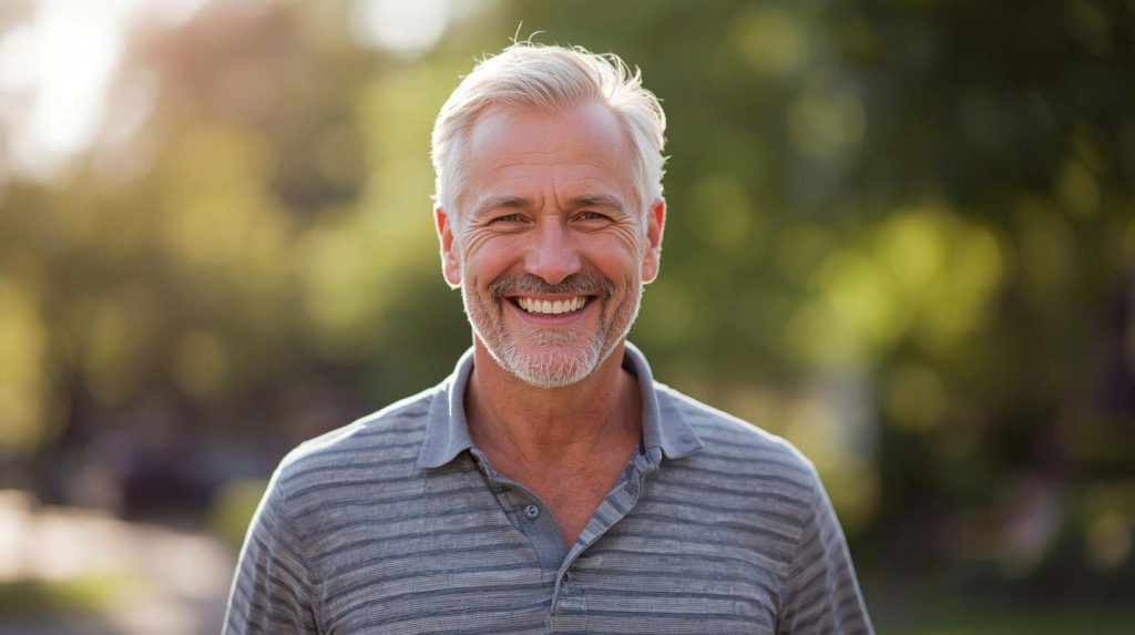 middle aged man smiling standing outside in sunshine