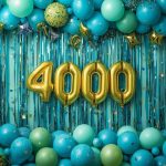 balloons and streamers in blues and greens surrounding gold mylar balloons that say 4000