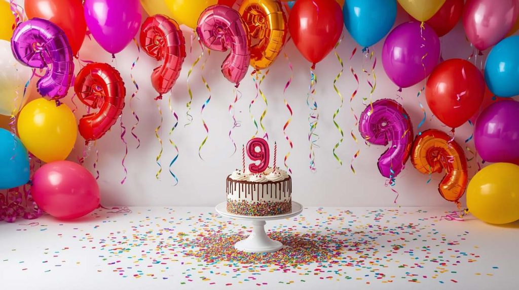 balloons and confetti in bright colors surrounding a white cake with a number 9 on top