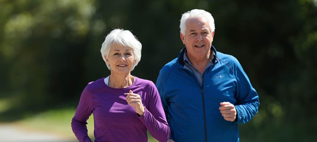 couple in their 60s jogging outdoors. she is wearing a purple shirt and he is wearing a blue jacket