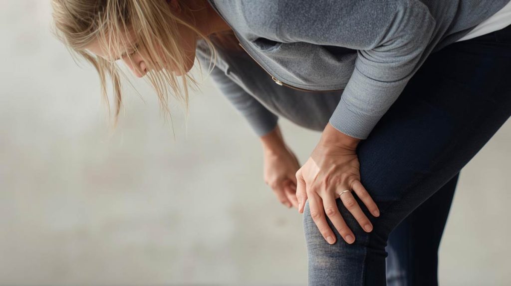 woman in running gear bent over holding her knee