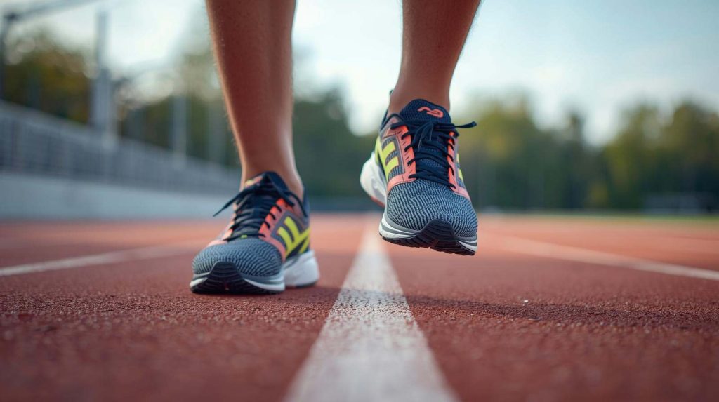 person on a track wearing navy running shoes with neon accents