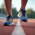 person on a track wearing navy running shoes with neon accents