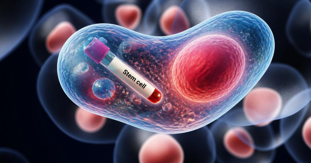graphic design of pink cells inside clear bubble floating on a dark blue/black background with a stem cell vial floating in a cell in forefront of image