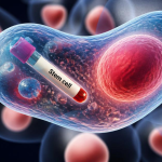 graphic design of pink cells inside clear bubble floating on a dark blue/black background with a stem cell vial floating in a cell in forefront of image