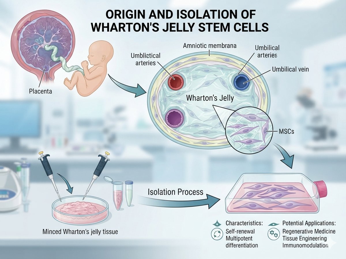 AI generated graphic image of the origin and isolation of wharton's jelly stem cells from umbilical cord