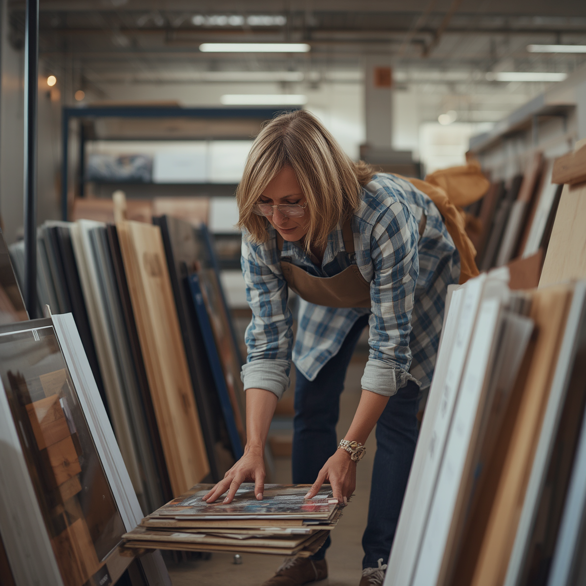 woman-bending-flooring-store woman looking at flooring supplies